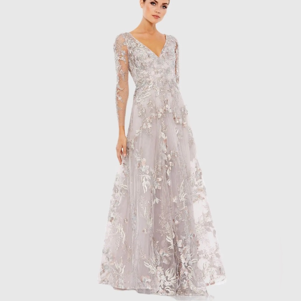 Mac Duggal Silver Floral-Embellished V-Neck Long Sleeve Gown